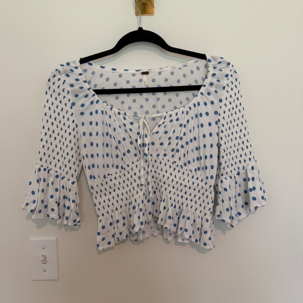 Free People White Blouse with Blue Polka Dots